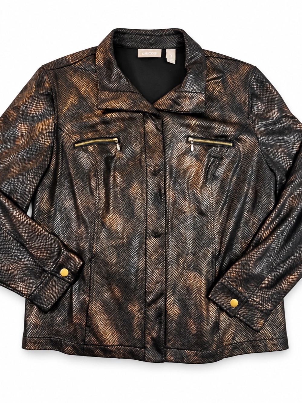Chico’s Metallic Bronze Black Snakeskin Moto Jacket Zip Front Size 3